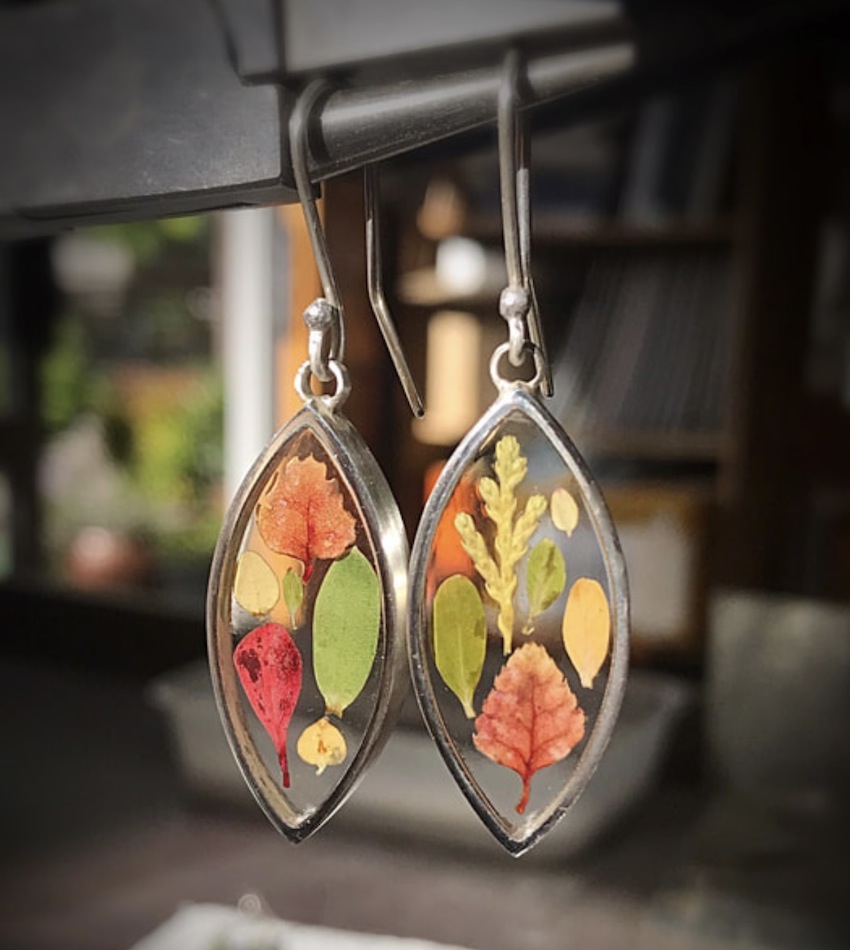 Anna Claire Jewellery| Mandorla earring  small with resin stones and  leaves and shell wb.jpeg